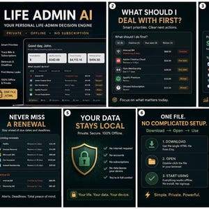 May include: A seven-panel digital infographic for Life Admin AI, a personal life-admin decision engine. The dark-themed interface displays features like bill tracking, subscription management, renewal alerts, money leak analysis, and local data storage.