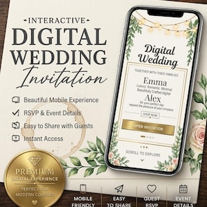 May include: A smartphone displaying a digital wedding invitation with floral accents and string lights. The screen shows the names Emma and Alex, an Open Invitation button, and scroll indicators. Text includes Interactive Digital Wedding Invitation.