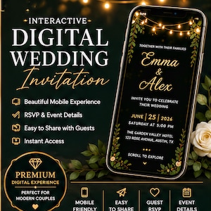 May include: An interactive digital wedding invitation displayed on a smartphone screen with a black background, gold text, and string lights. The invitation features the names Emma & Alex, the date June 25, 2026, and venue details for The Garden Valley Hotel.