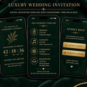 以下が含まれることがあります： ダークグリーンの背景に金色の文字が施されたデジタル結婚式招待状テンプレートを表示する3台のスマートフォン。画面にはカウントダウン、アイコン付きの結婚式スケジュール、回答用ボタンを備えた出欠確認セクションが表示されています。