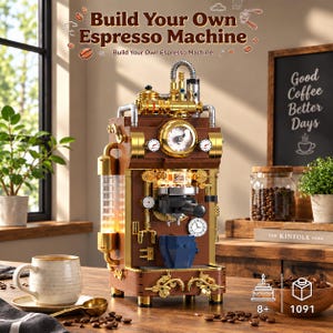 May include: A brown and gold building block set constructed to resemble an espresso machine. The model features a central clock, pressure gauges, a portafilter, and metallic accents. Text at the top reads Build Your Own Espresso Machine.