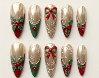 Unghie finte 3D natalizie / Fiocco rosso e unghie decorative dorate cromate / Nail art con fiocchi di neve e bacche di agrifoglio / Unghie riutilizzabili fatte a mano TR0909