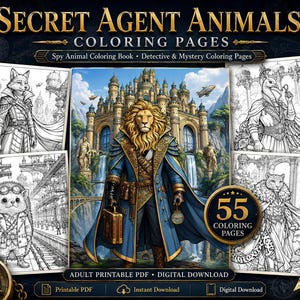 Może przedstawiać: Kolekcja kolorowanek Secret Agent Animals zawierająca centralną kolorową ilustrację lwa w niebieskim płaszczu przed zamkiem, otoczoną czterema czarno-białymi rysunkami liniowymi przedstawiającymi różne antropomorficzne zwierzęta.