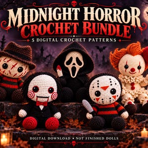 Pode incluir: Um pacote de padrões de crochê digitais intitulado Midnight Horror Crochet Bundle apresentando cinco bonecos amigurumi inspirados em personagens de terror, incluindo uma figura com suéter listrado, um fantasma mascarado, um palhaço com balão, um boneco e uma figura com máscara de hóquei.