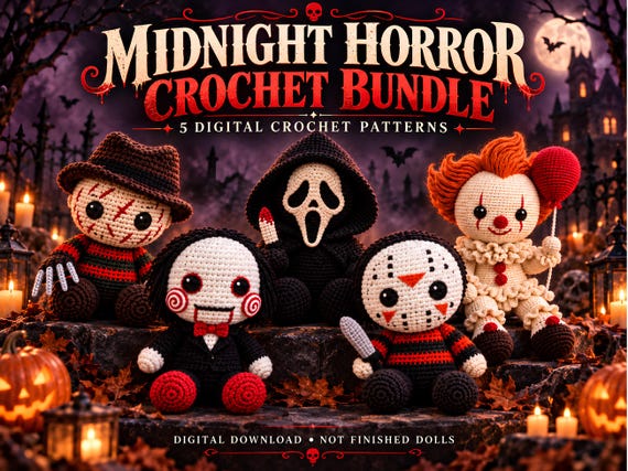 Midnight Horror Crochet Bundle PDF, 5 Spooky Amigurumi Doll Patterns for Halloween