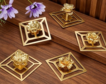 Solid Brass Flower Cabinet Knobs with Square Backplate | Floral Drawer Pulls | Decorative Dresser Knob