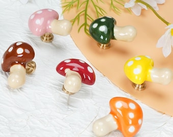 Mushroom Ceramic Drawer Knob, Brass Cabinet Pull, Colorful Kids Room Dresser Knob, Decor Gift
