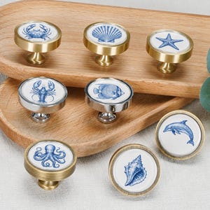 Puede incluir: Un conjunto de ocho pomos redondos para armarios con ilustraciones en azul y blanco de vida marina, incluyendo un cangrejo, una concha, una estrella de mar, una langosta, un pez, un pulpo y un delfín, en marcos circulares de metal dorado y plateado.