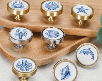 Sea Creature Drawer Knob, Round Blue Cabinet Pull, Nautical Dresser Knob,Unique kitchen handles