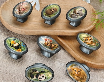 Forest Animal Cabinet Knobs, Oval Drawer Pulls, Kids Room Dresser Knob, Gray Kitchen handles