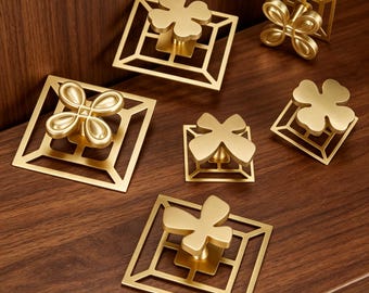 Brass Four-Leaf Clover Cabinet Knobs, Square Backplate, Gold Floral Hardware (Sold Separately)