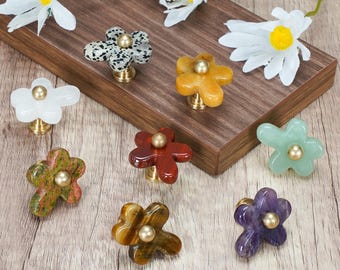 Natural Crystal Flower Cabinet Knob, Stone Drawer Pull , Decorative Floral Dresser Handle