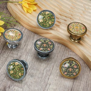 May include: Five round cabinet knobs featuring intricate floral patterns in shades of green, yellow, and orange. The knobs have varied metallic finishes including polished chrome, antique brass, and brushed silver, each with a smooth, domed surface.