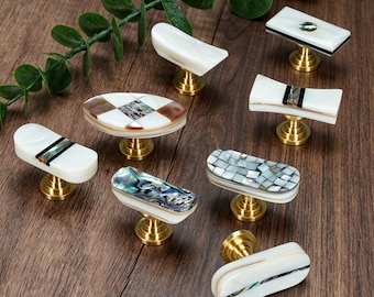Shell & Brass Drawer Pulls, Natural Inlay Cabinet Handles, Luxury Home Decor Knobs