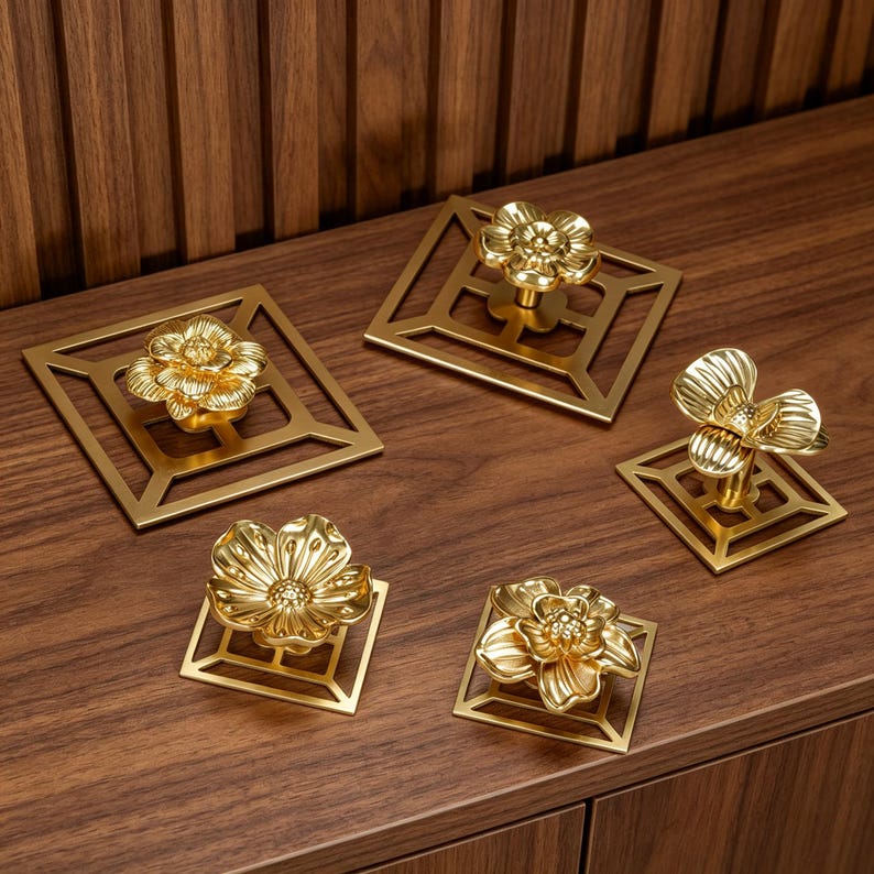 May include: Five gold-colored metal cabinet knobs, each featuring a three-dimensional flower design mounted on a square, open-frame base. The floral shapes vary in petal structure and size, showcasing a polished, reflective metallic finish.