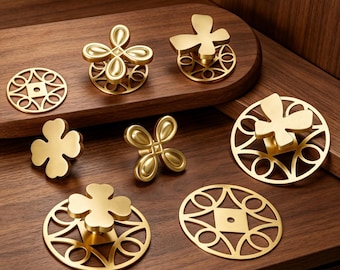 Brass Four-Leaf Clover Cabinet Knobs, Drawer  Knobs  Backplate, Gold Floral Hardware (Sold Separately)