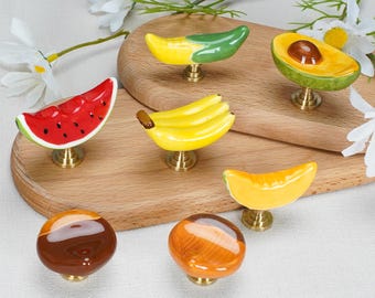 Fruit Ceramic Drawer Knob, Brass Cabinet Knob, Watermelon Banana Mango Avocado Corn Dresser Pull