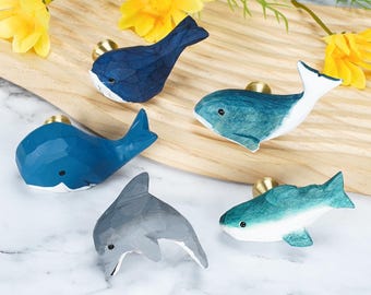 Hand Carved Wooden Whale Dolphin Drawer Knobs, Coastal Nursery Dresser handles ,Cabinet Hardware
