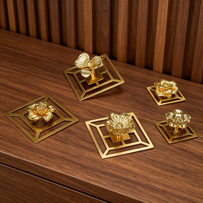 May include: A set of five gold-colored metal cabinet knobs, each featuring a three-dimensional flower shape mounted on a flat, square, open-frame base. The knobs vary in size, with some larger and some smaller, all displaying a polished finish.
