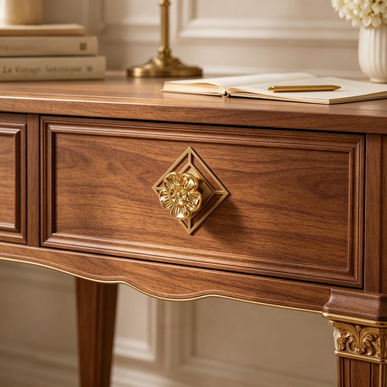 May include: A wooden console table featuring a rich brown grain, a rectangular drawer with a gold-toned flower-shaped knob centered on a diamond-shaped backplate, and ornate gold-toned carved detailing on the top of the fluted table legs.