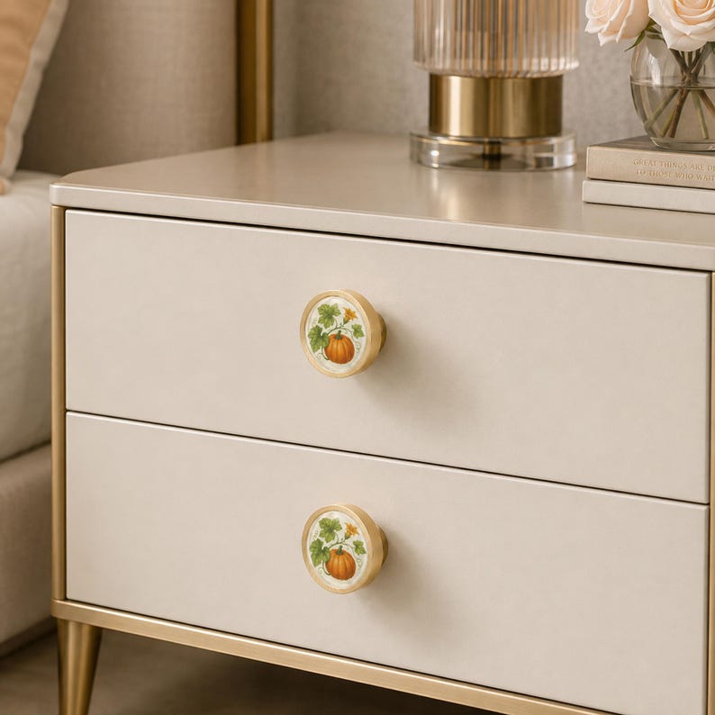 May include: A two-drawer bedside cabinet with a light beige finish and gold metal trim. Each drawer features a round, gold-rimmed knob with a central circular illustration of an orange pumpkin on a vine with green leaves and a yellow flower.