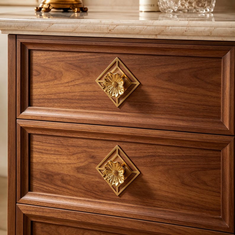 May include: A dark brown wooden cabinet featuring two drawers with gold-toned metal hardware. Each drawer pull consists of a diamond-shaped frame surrounding a central, three-dimensional flower-shaped knob with detailed petals and a textured center.