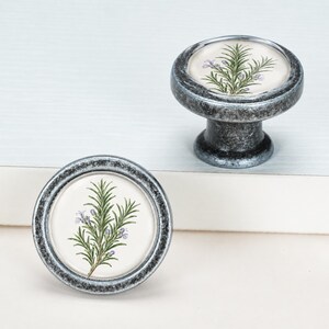May include: Two round cabinet knobs with a distressed dark silver finish. Each knob features a circular inset displaying a detailed botanical illustration of a green rosemary sprig with small purple flowers against a cream background.