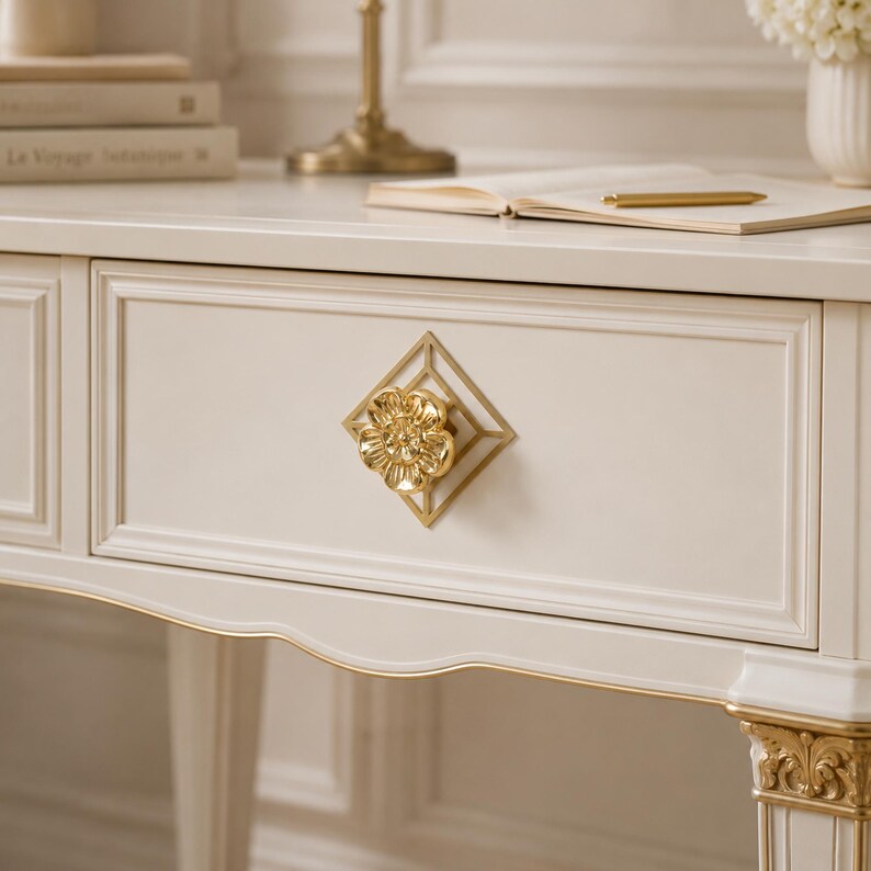 May include: A cream-colored wooden drawer featuring a central gold-toned metal knob shaped like a flower, mounted on a square geometric frame. The drawer front has a recessed rectangular panel design with gold trim along the bottom edge.