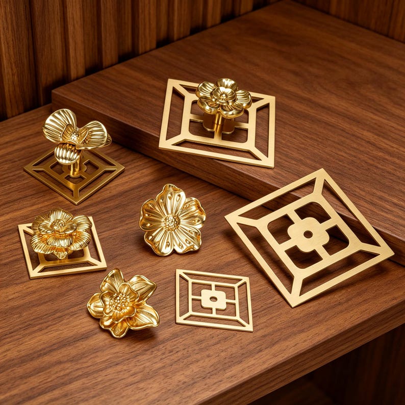 May include: A collection of gold-toned metal hardware pieces including several flower-shaped knobs and flat square geometric plates. The items feature intricate petal details and open-frame square designs with a polished, reflective metallic finish.