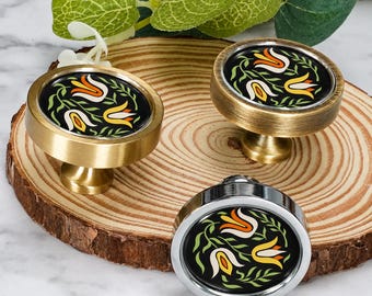 Boho Folk Floral Cabinet Knob, Round Art Drawer Knobs, Vintage  Dresser Pull, Furniture handle