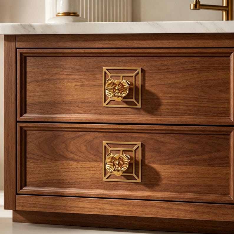 May include: A wooden cabinet with two drawers featuring dark brown wood grain and a white marble top. Each drawer is fitted with a square gold-toned metal pull plate containing a central three-dimensional flower-shaped knob in a polished gold finish.