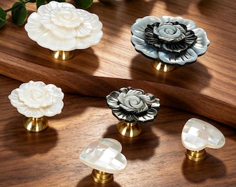 Shell Flower & Heart Cabinet Knobs, Drawer Knobs, Brass Base Furniture Handle, Floral Dresser Pulls