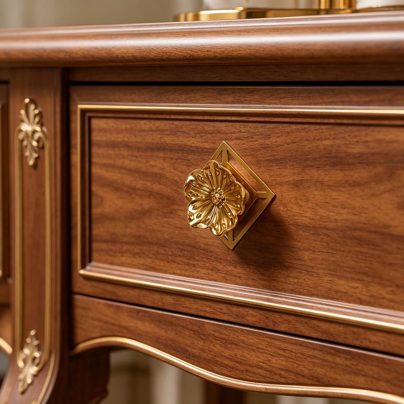 May include: A wooden drawer front featuring a polished gold-tone metal knob shaped like a flower, mounted on a square geometric backplate. The drawer is accented with thin gold-tone trim lines and vertical decorative gold-tone metal filigree.