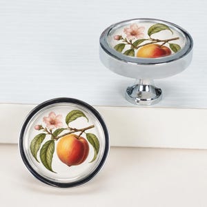 May include: Two round cabinet knobs with a polished chrome finish. Each knob features a circular inset displaying a botanical illustration of a ripe peach with green leaves and a small pink flower on a white background.