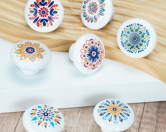 Boho Ceramic Cabinet Knobs,Colorful Floral Drawer Pulls,Vintage Round Cupboard Knobs Handles
