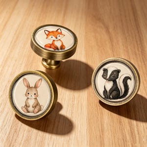 May include: Three round cabinet knobs with an antique brass finish. Each knob features a circular inset with a watercolor-style illustration of a woodland animal: a brown rabbit, an orange fox, and a black and white skunk on a cream background.