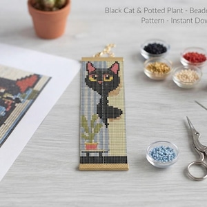 May include: A rectangular beaded cuff featuring a black cat and a potted plant design. The cuff is displayed alongside a printed pattern, small bowls of colorful beads, a spool of thread, and metal scissors. Text reads: Black Cat & Potted Plant - Beaded Cuff Pattern - Instant Download.