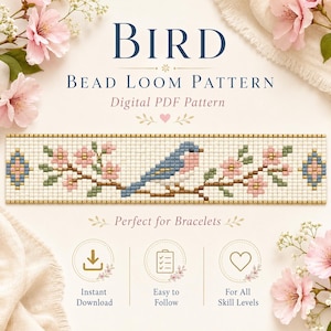 May include: A digital PDF bead loom pattern titled BIRD BEAD LOOM PATTERN. The design features a blue bird perched on a brown branch with pink flowers and green leaves, flanked by geometric blue and pink diamond shapes on a cream background.