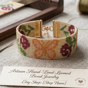 Butterfly Bead Loom Bracelet Pattern, Butterfly and Red Roses Miyuki Delica Seed Beads Pattern