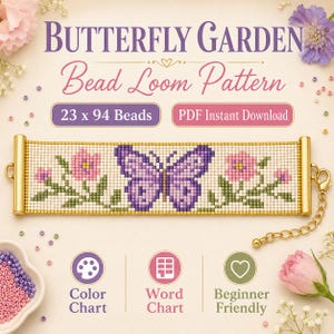 Puede incluir: Un patrón de telar de cuentas titulado Butterfly Garden con una mariposa morada y flores rosas sobre una cuadrícula. El diseño incluye el texto 23 x 94 Beads, PDF Instant Download, Color Chart, Word Chart y Beginner Friendly con cuentas.
