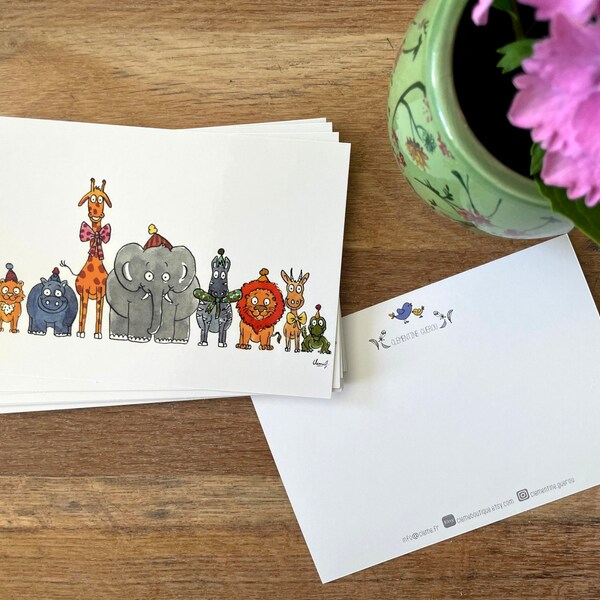 Lot de 4 Cartes postales, animaux de la savane, carte d'anniversaire, carte festive, carte humoristique multicolore.