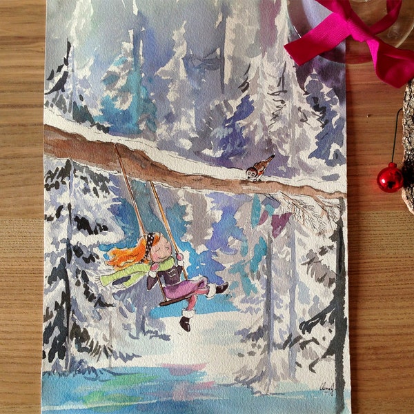 Illustration originale balançoire, petite fille sous la neige aquarelle, forêt, neige, sapins, oiseau, zen, nature