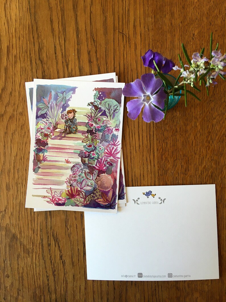Illustrated postcard of a girl with a bouquet of flowers sitting on a staircase in a garden