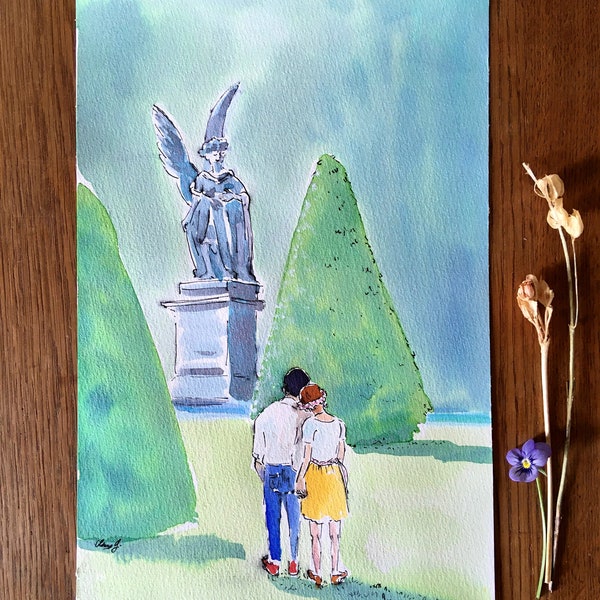 Illustration originale couple amoureux dans un jardin à la française, aquarelle, décoration murale, jardin, statue, ange