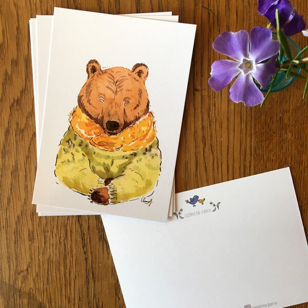 Lot de 5 Cartes postales d'un ours brun en pull vert et écharpe jaune, pour les tricoteuses, pour naturalistes, amoureux d'animaux sauvages
