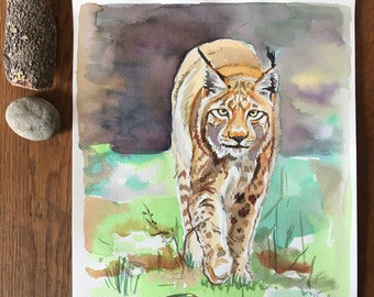 Illustration originale Lynx boréal, aquarelle réaliste, tierische Sauvage, tierischer Schützling