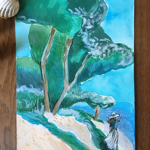 Illustration originale, paysage de Grèce, pins parasols, vacances, personnage fille au chapeau, ombre, soleil