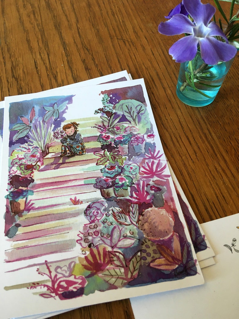 Illustrated postcard of a girl with a bouquet of flowers sitting on a staircase in a garden