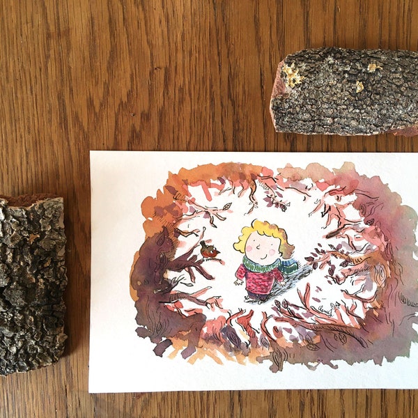 Illustration originale petite fille blonde observant un oiseau, aquarelle, enfants, chambre, décoration murale, forêt, automne, hiver