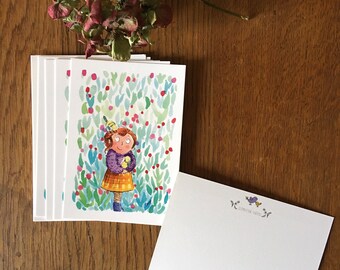 Illustrated postcard of a girl with a bouquet of flowers sitting on a staircase in a garden